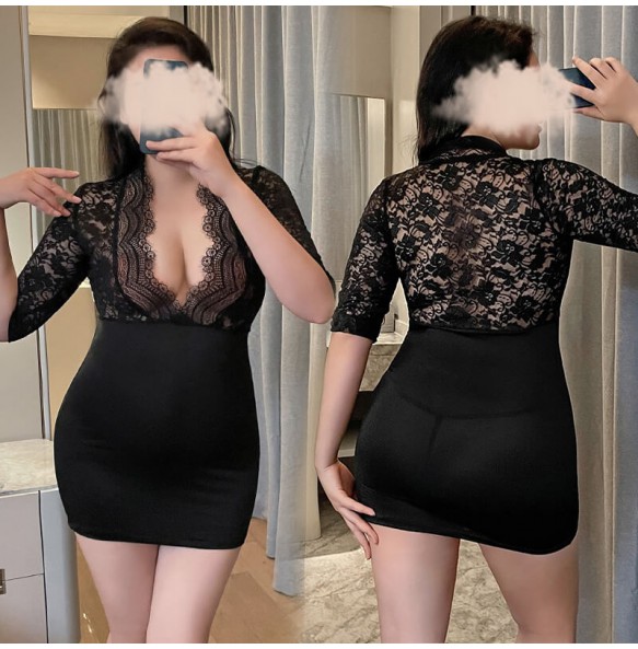 FEE ET MOI - Deep V Lace Sexy Hip-hugging Secretary Skirt (Plus Size - Black)